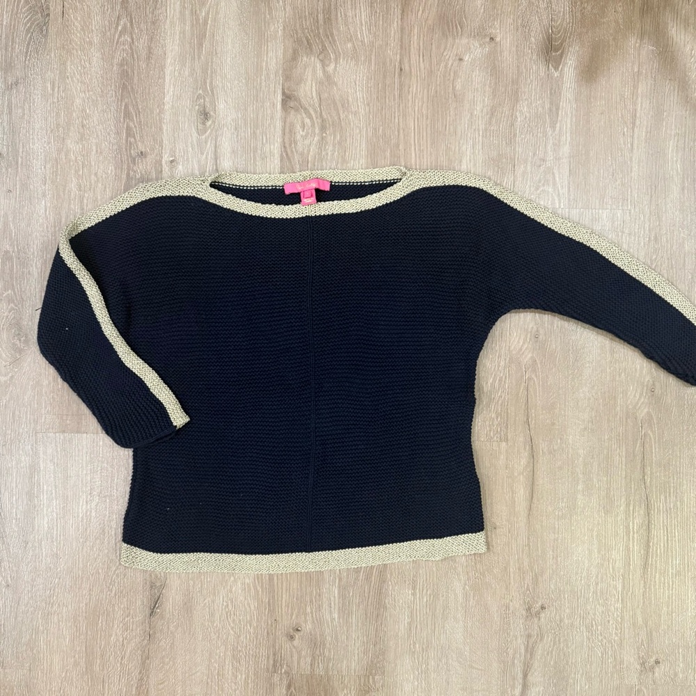 Lilly Pulitzer Deona sweater in True Navy with gold metallic trim Size S